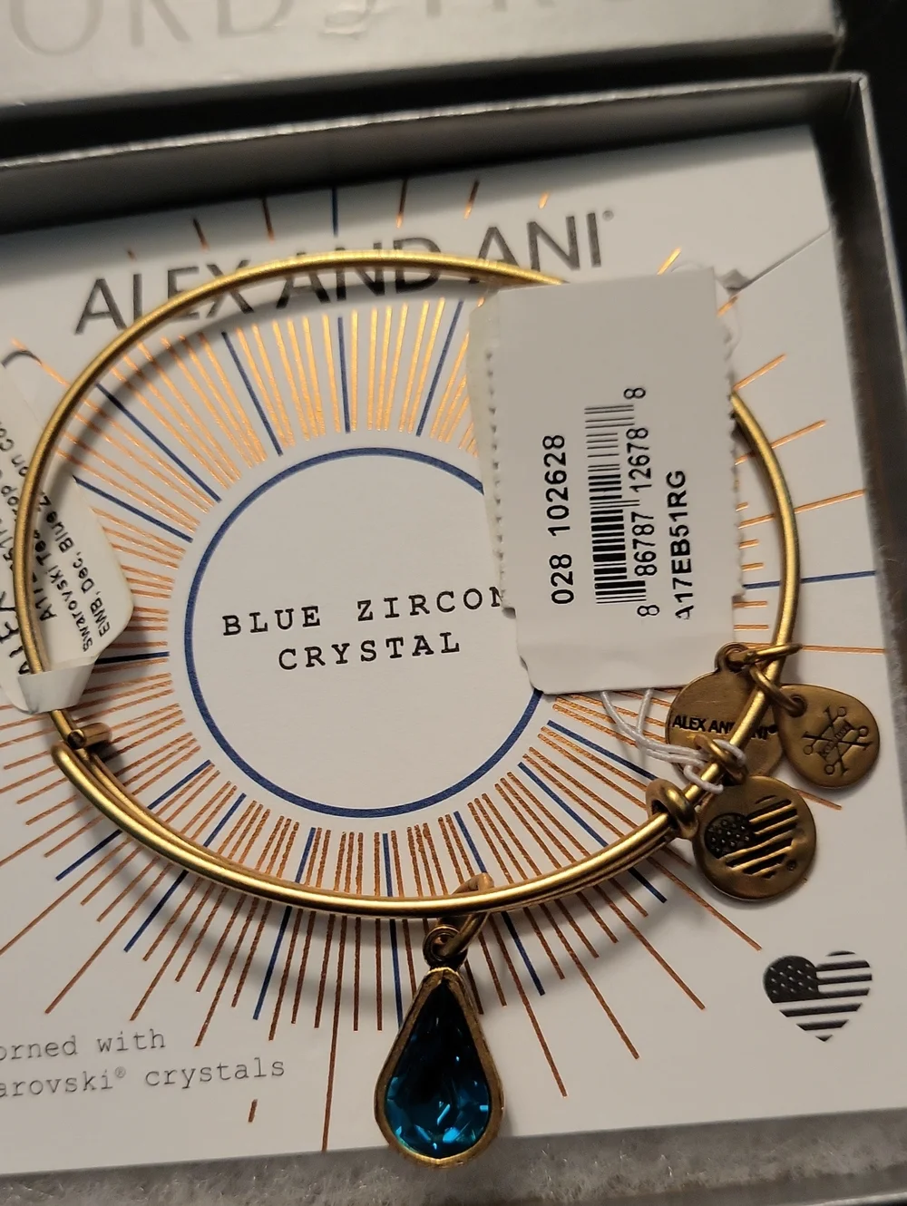 Alex and Ani Gold Bracelet with Blue Teardrop Crystal Charm NWT